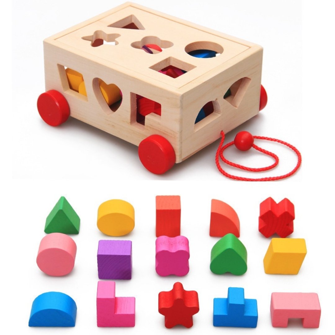 Wooden Shape Puzzle Sorting Toy Shape Sorter Car Toy Wooden Pull Push Car Educational Toys for Toddlers Kids Gift