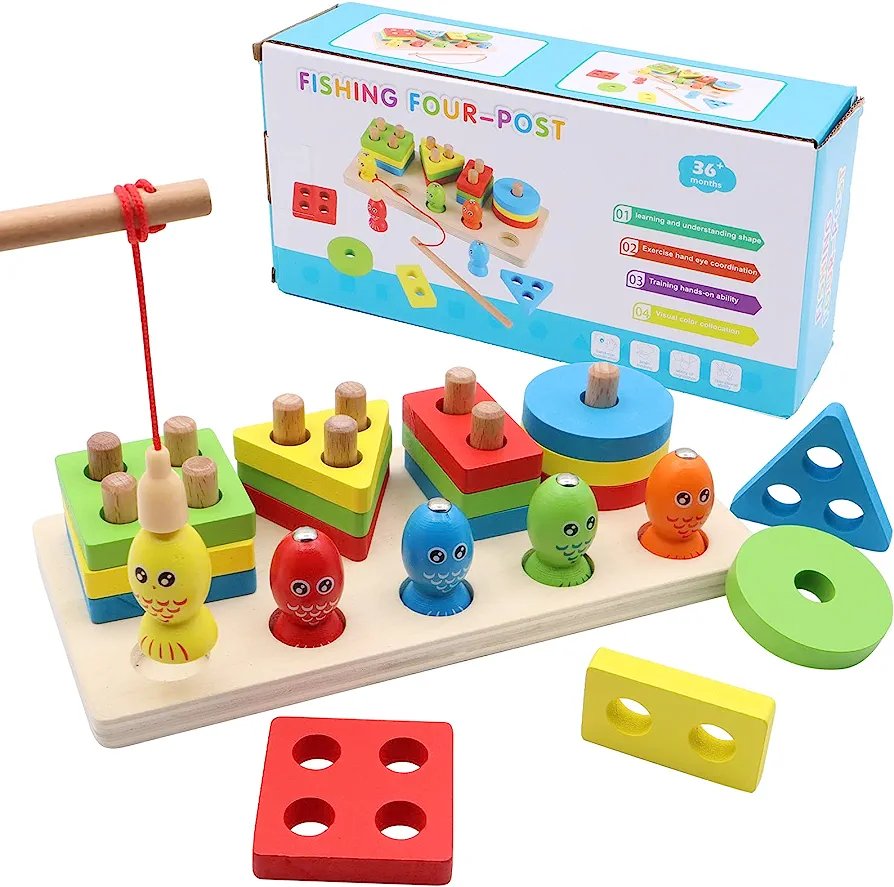 Wooden Stacking Toys, Shape Sorting Board & Wooden Toddler Fishing Toys, Shape Color Recognition Blocks Matching Puzzle Preschool Learning Toys for Kids Boys & Girls