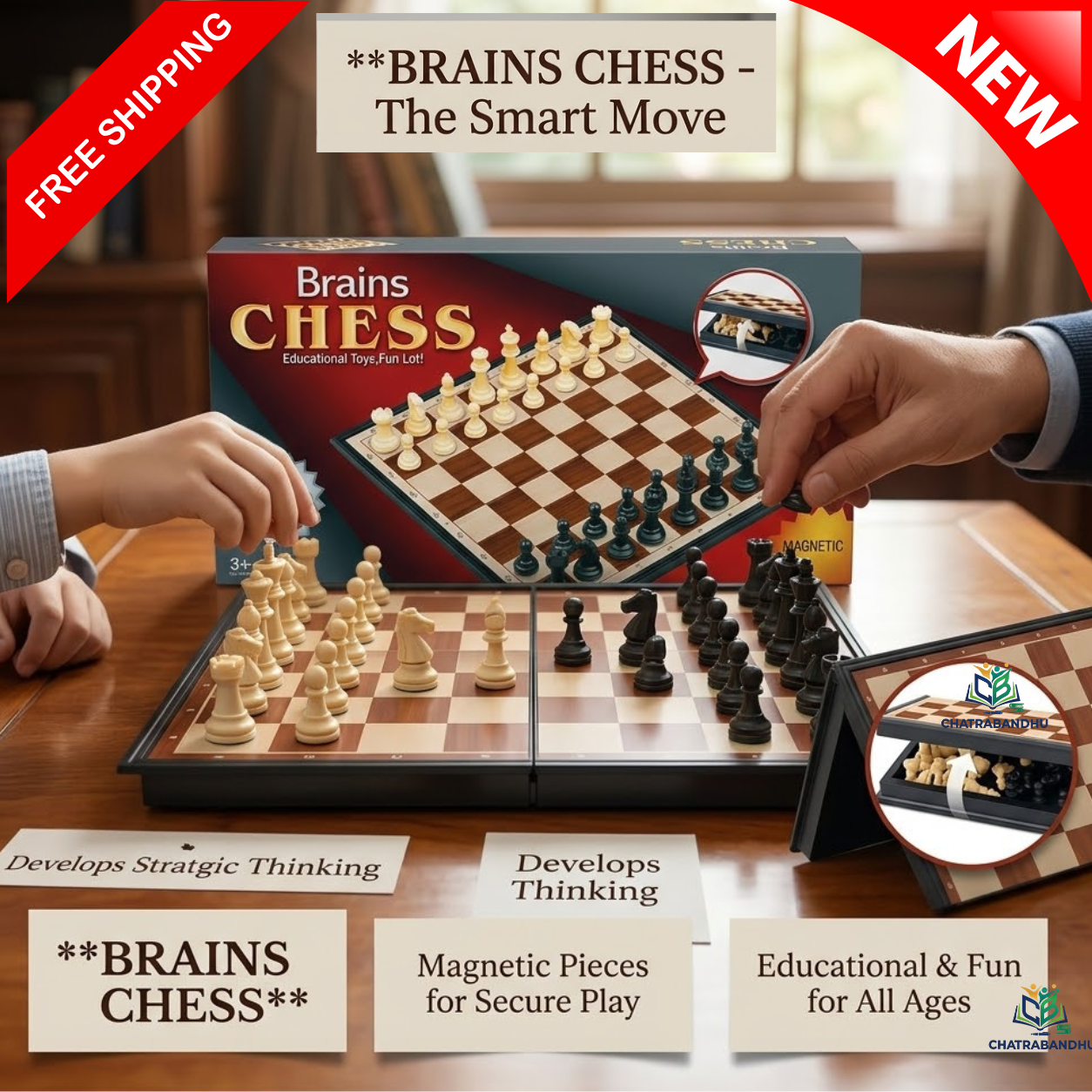 Brains Chess - The Smart Move | Magnetic Folding Chess Board Game Set for Strategic Thinking & Family Fun