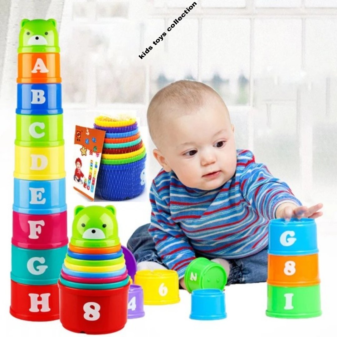 9PCS Rainbow Stacking Cups Toy for Toddlers - Educational Number & Letter Learning Tower with Mini Bear