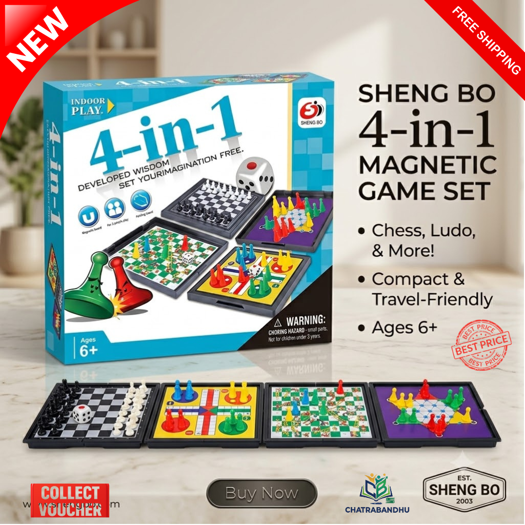 Magnetic 4-in-1 Indoor Play Board Game Set | Portable Travel Chess, Checkers & Strategy Toy for Kids and Family