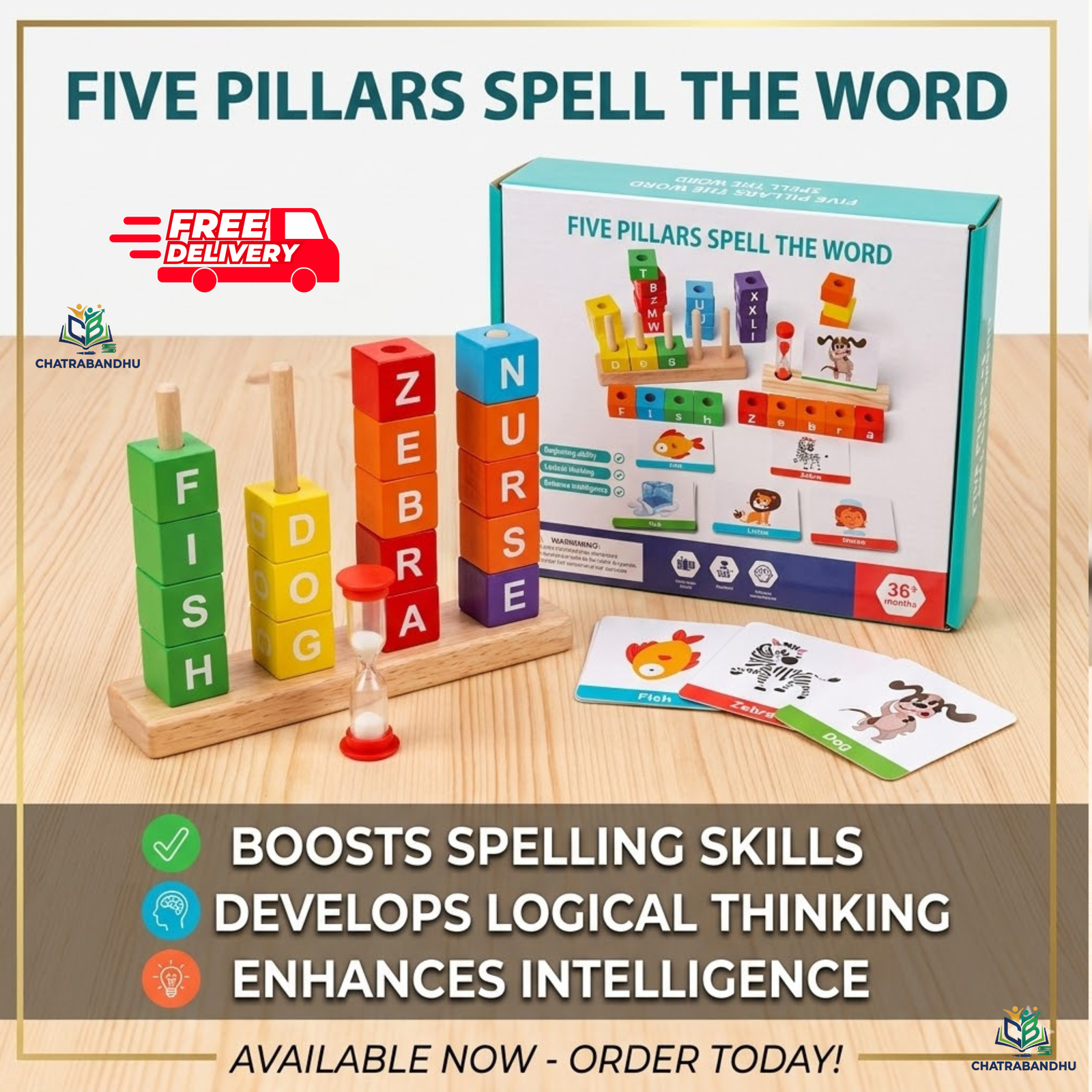 Five Pillars Spell the Word Game Wooden Educational Toy  Montessori Inspired Kids Spelling and Reading Word Blocks Wooden Letter Blocks Matching Game with Sand Timer  Flashcards Fine Motor Skills Early Learning Spelling Toy Ages 3+