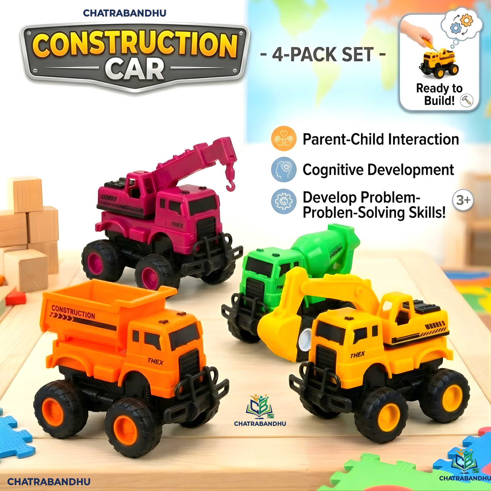4 Piece Construction Car Toy Set Friction Powered Trucks for Kids  Push and Go Cement Mixer Excavator Dump Truck Bulldozer Set  Non-Toxic Friction Engineering Vehicles Toys Ages 3 to 8