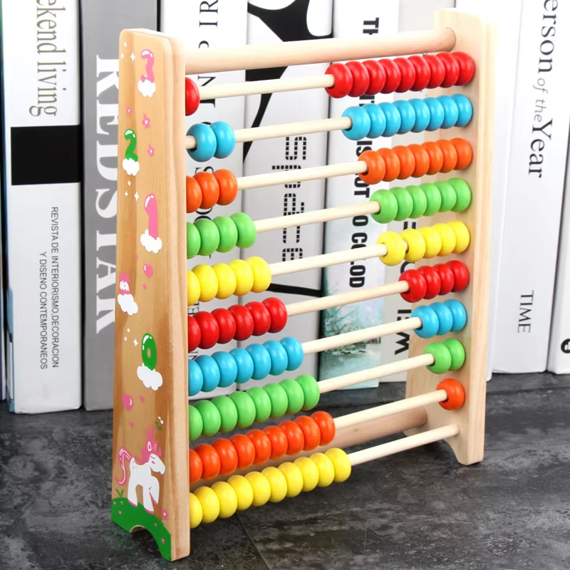 Wooden Abacus with 10 Rows - Montessori Math Learning & Counting Frame Toy for Kids - Colorful Beads Calculator